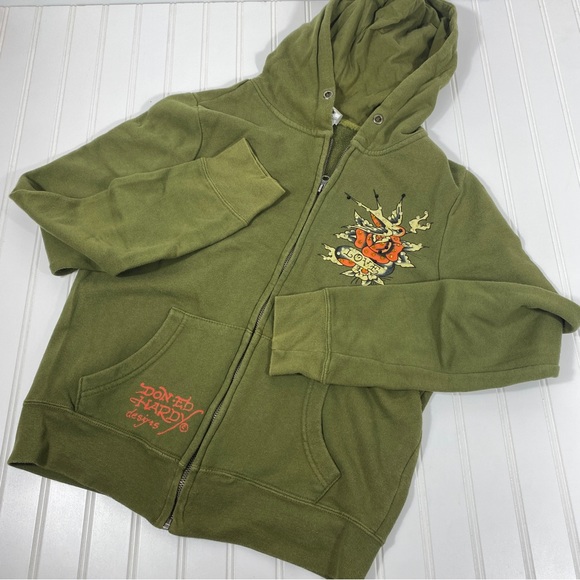 Ed Hardy Tops - Ed Hardy vintage y2k green olive floral embroidered rhinestone women’s sweater